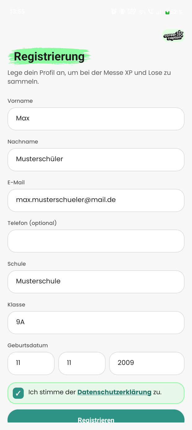 Registrierung in der Messe-App: Name, E-Mail, Schule, Klasse und Geburtsdatum