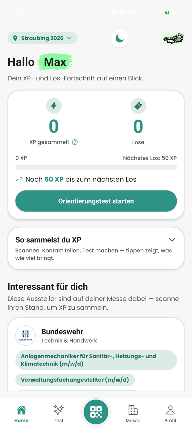 Startseite der App mit XP-Fortschritt, Losen und Ausstellern der Messe Straubing 2026