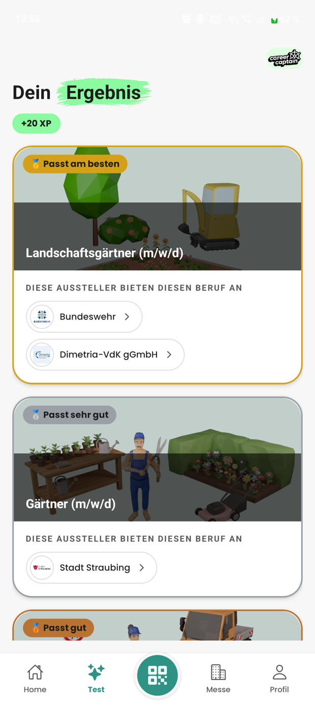 Ergebnis des Orientierungstests mit passenden Berufen und den Ausstellern, die sie anbieten